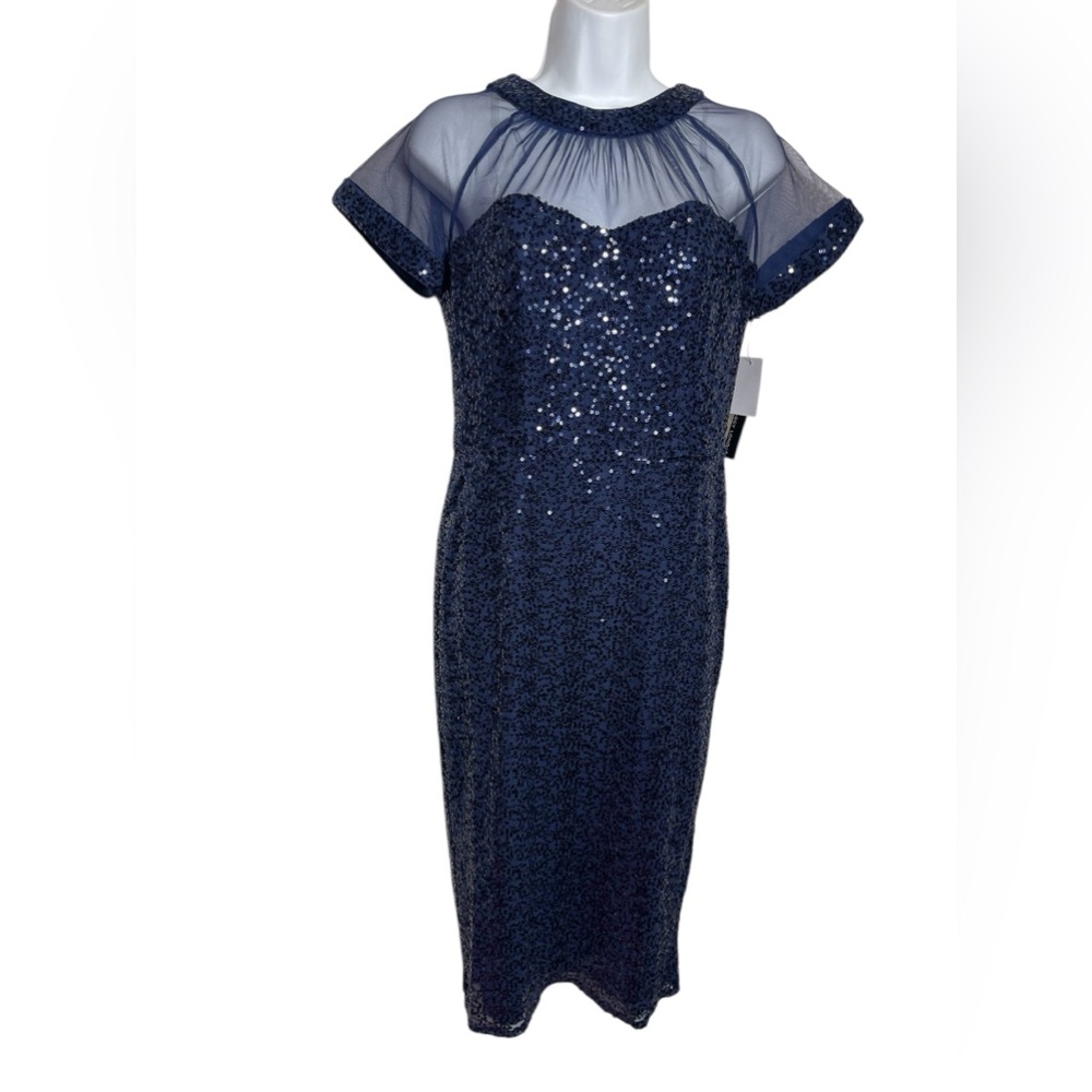 Maggy London Navy Sequin Mesh Yoke Midi Dress